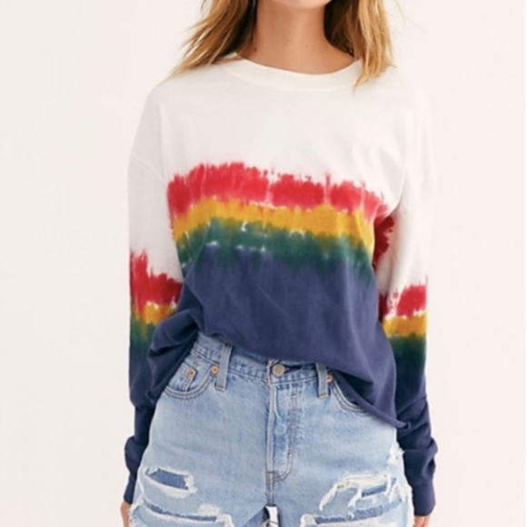Daydreamer Tops - Daydreamer by Free People Distressed Rainbow Wash Tie Dye Tee